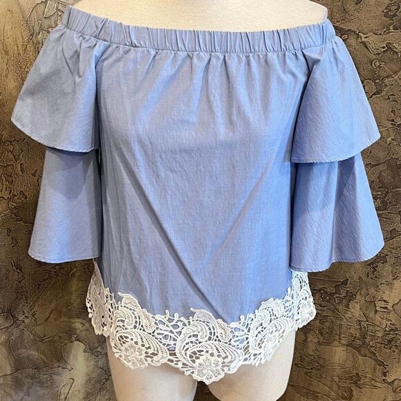 Zara Off the Shoulder Ruffles and Lace 3/4 Sleeve Blouse Size Small - Picture 1 of 3